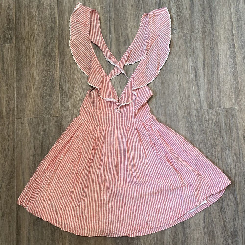 Free People Heartlines Mini Dress‎ Pink Striped Ruffle Backless Cross NWOT XS - Picture 3 of 8